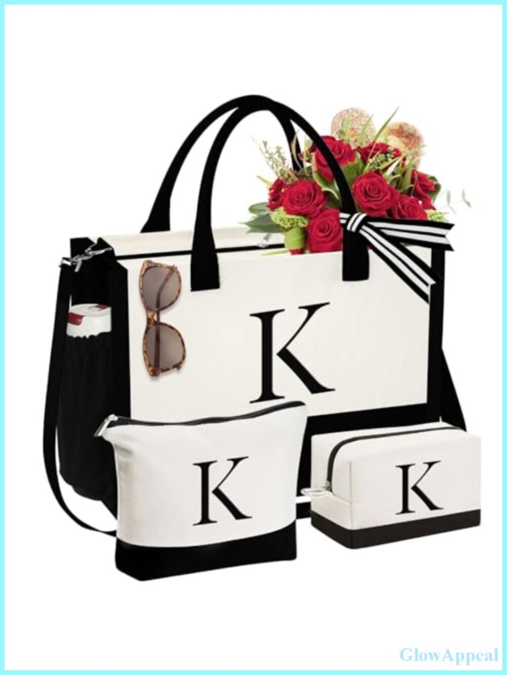 Monogrammed Canvas Tote Bag with 2 Cosmetic Bags, Zipper Top, Adjustable Strap,